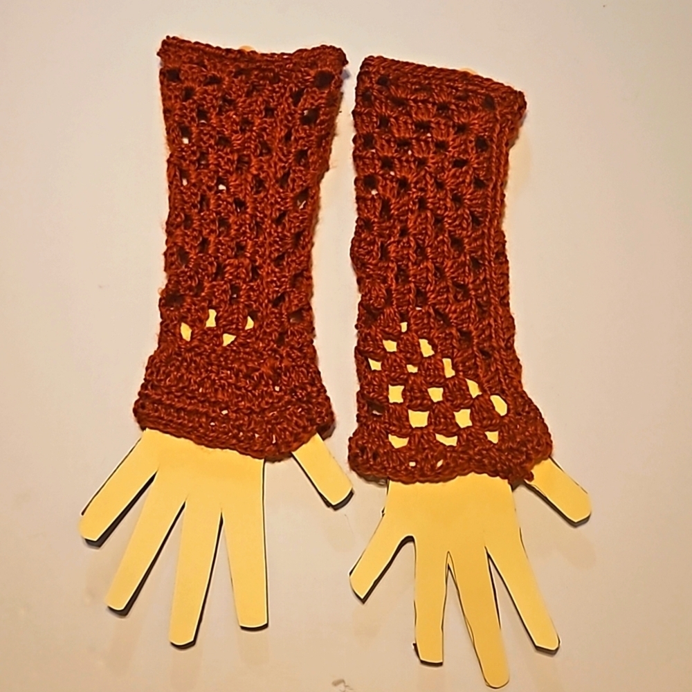 Hand Crafted Hand Knit Crochet Orange Granny Square Fingerless Gloves handmade - Picture 10 of 17